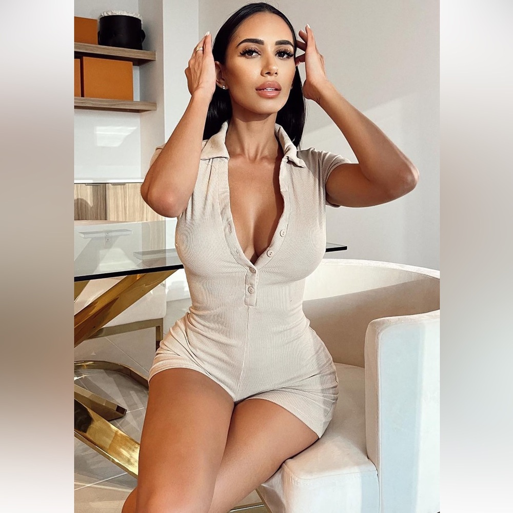 Ribbed Short Sleeve Polo Romper in Beige